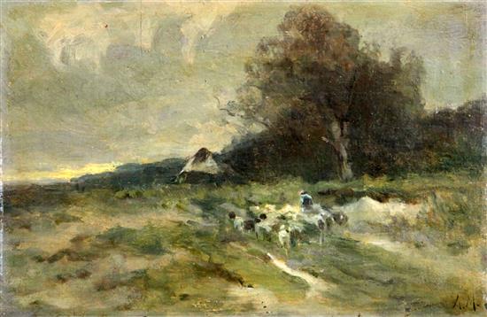 Anton Mauve (1838-1888) Shepherd and flock in a landscape, 5.75 x 8.75in., unframed